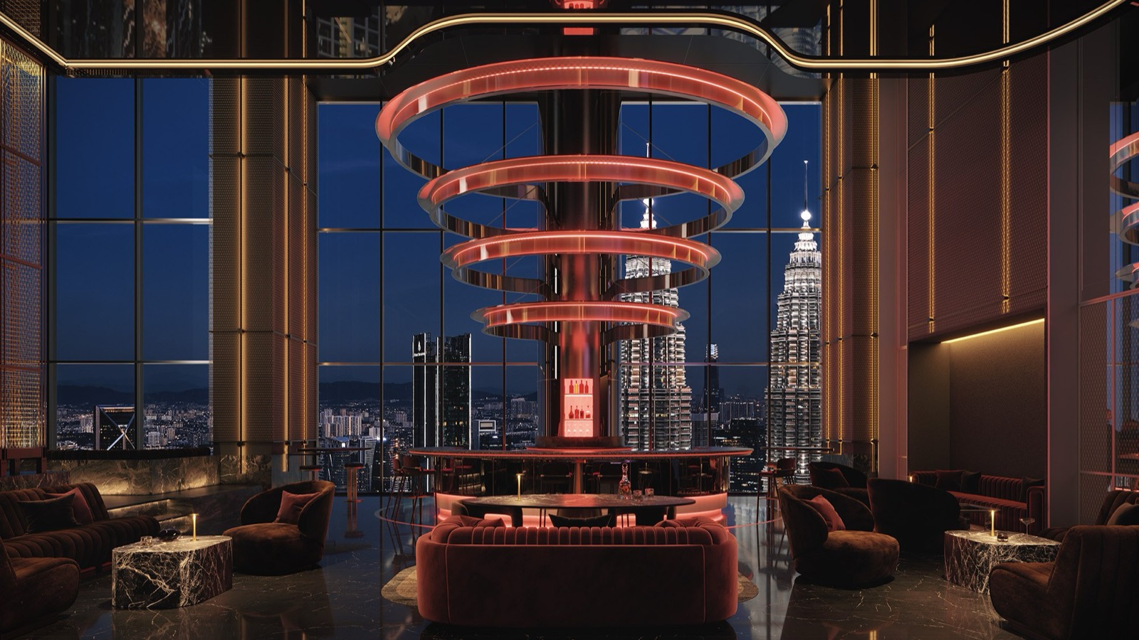 Altitude Lounge interior at Divine KLCC with twilight skyline views