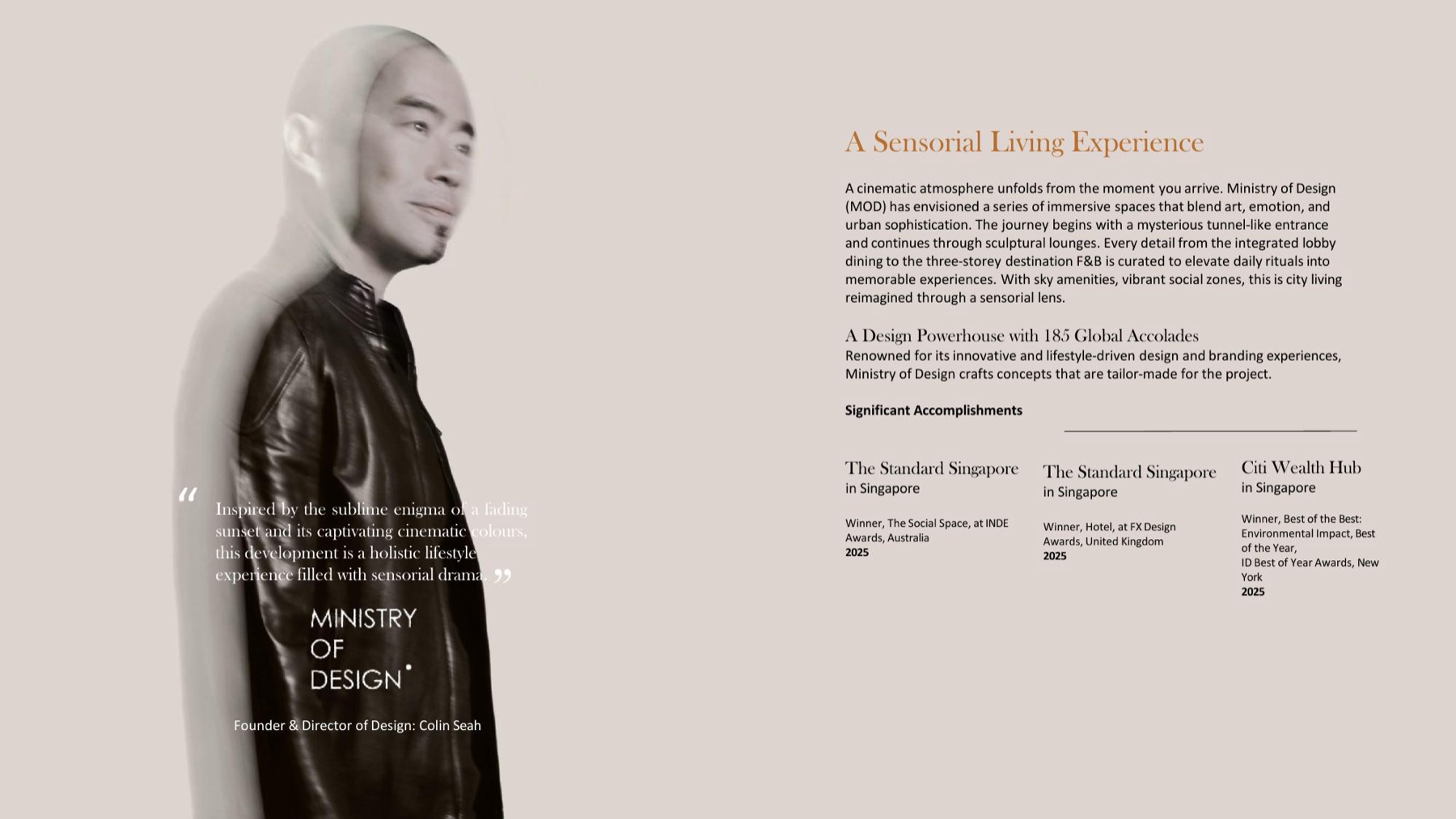 Ministry of Design, founder Colin Seah — Divine KLCC interiors; The Standard Singapore, Citi Wealth Hub; INDE and FX Design Awards 2025