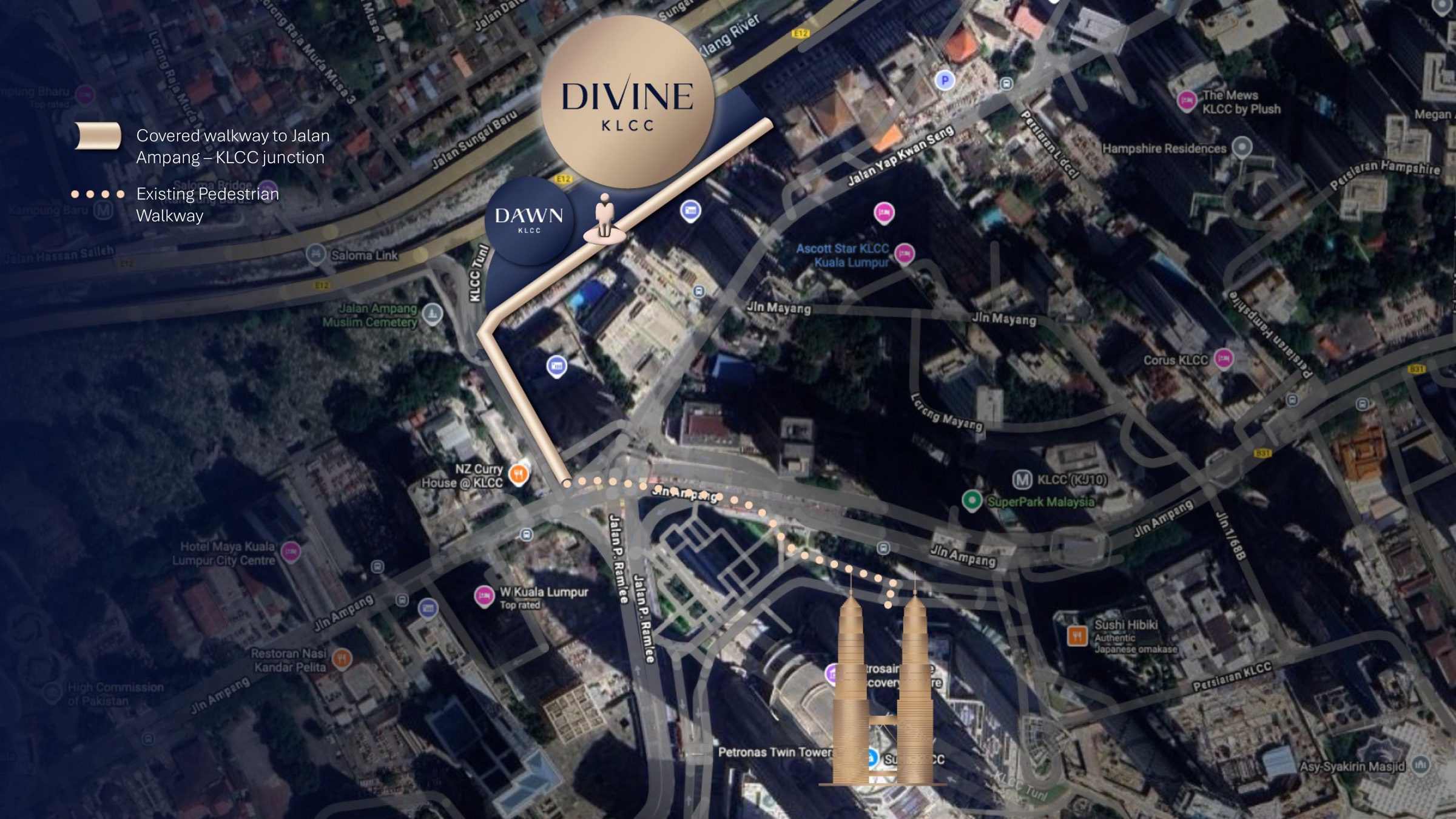 Divine KLCC location map showing proximity to KLCC, Jalan Ampang and Jalan Saloma