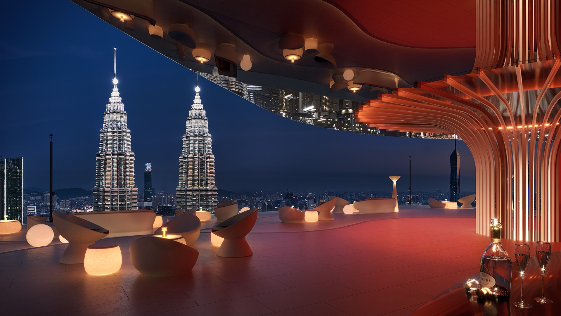 Rooftop bar at Divine KLCC overlooking the Kuala Lumpur skyline