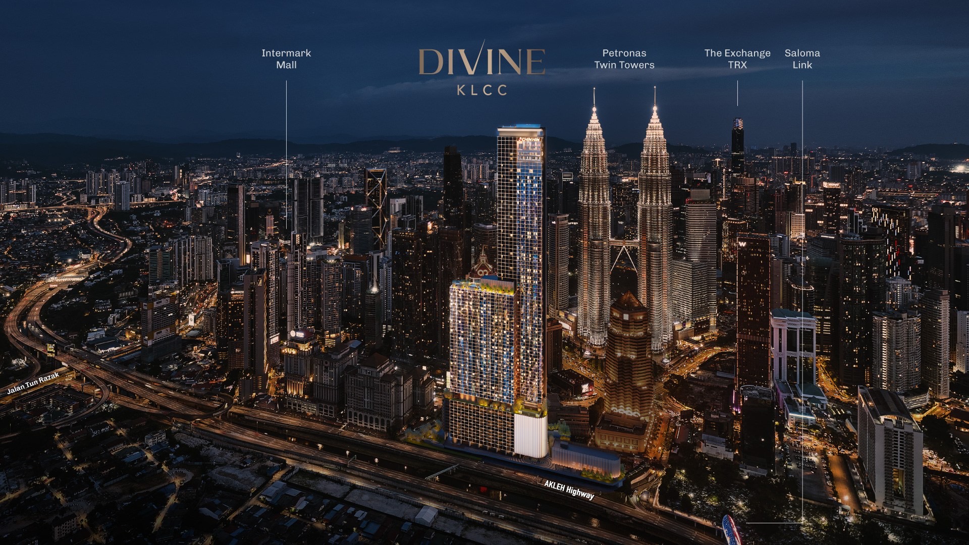 Divine KLCC tower facade with a dark, muted skin that shimmers at twilight, Jalan Saloma Kuala Lumpur
