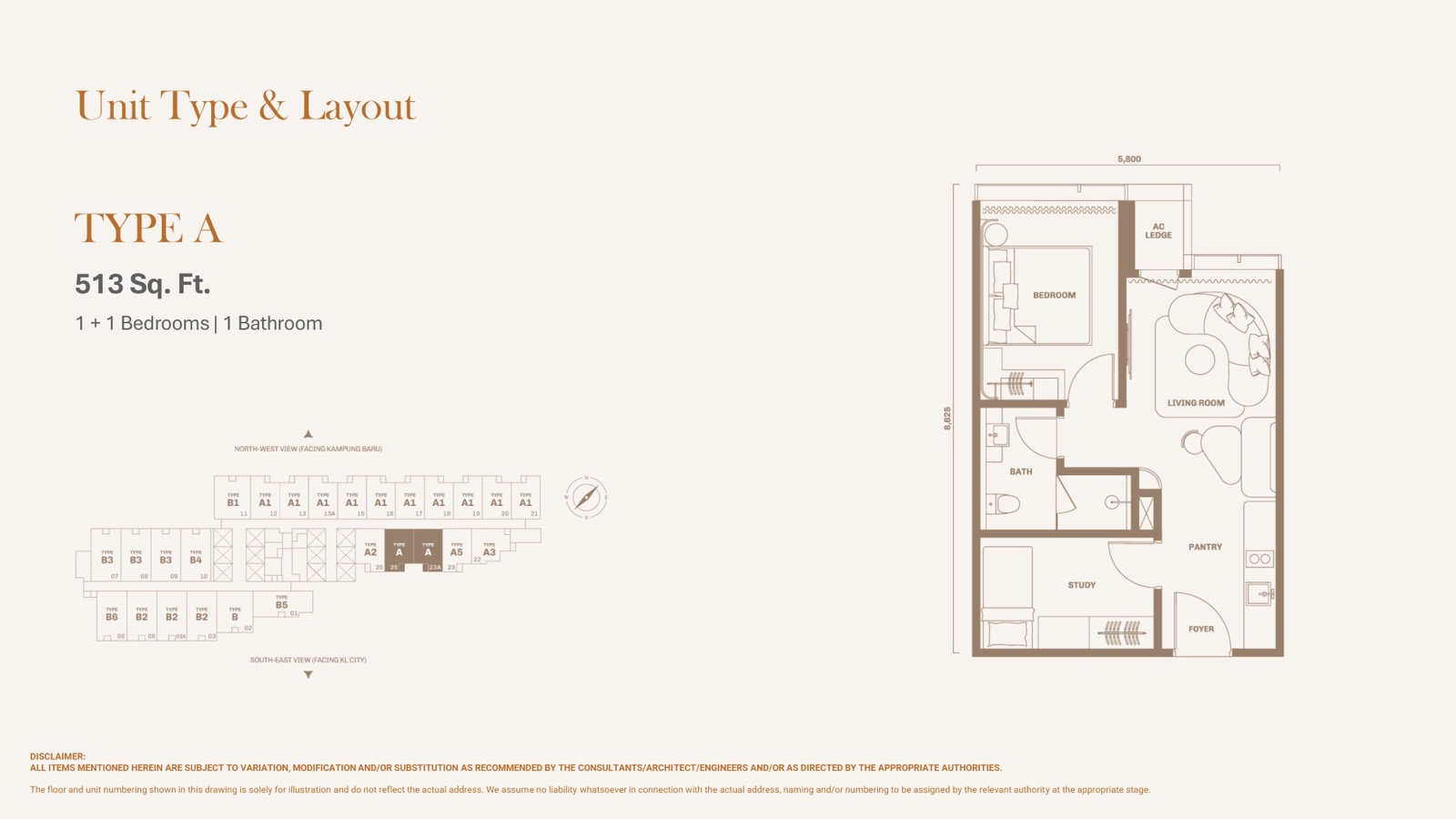 Divine KLCC Type A floor plan, 513 sq ft layout