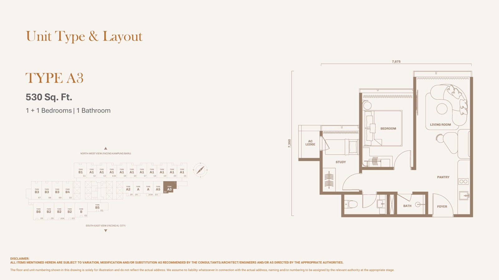 Divine KLCC Type A3 floor plan, 530 sq ft layout