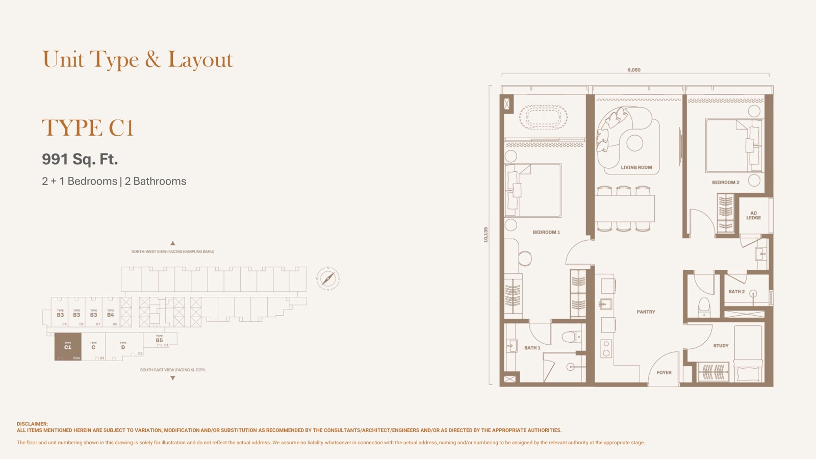 Divine KLCC Type C1 floor plan, 991 sq ft layout